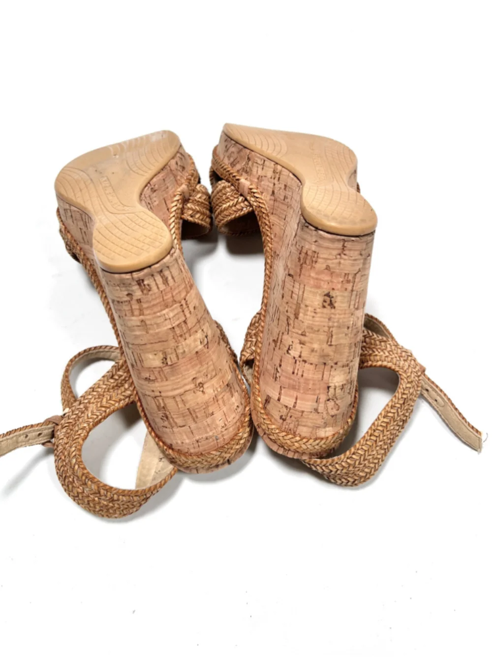 Stuart Weitzman Womans Wedge Cork Sandals Size 8.5 Beige Tan